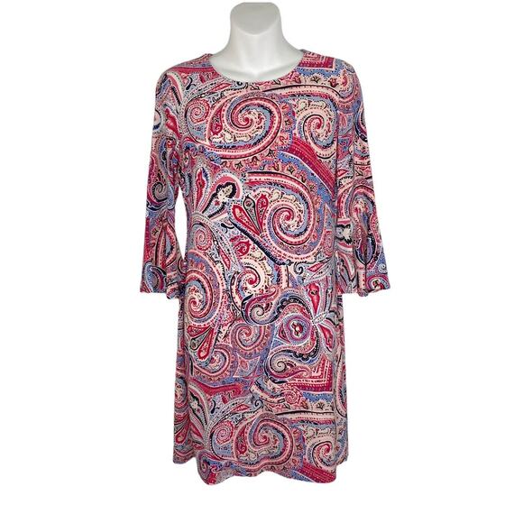 Tommy Hilfiger Fresco Dress Women Size 2 Pink/Red Paisley 3/4 Bell Sleeve A Line - Picture 1 of 11